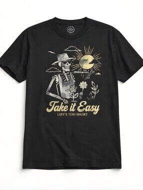 Mens L Large DOM 'Take It Easy Life's Too Short' skeleton Cotton graphic tshirt